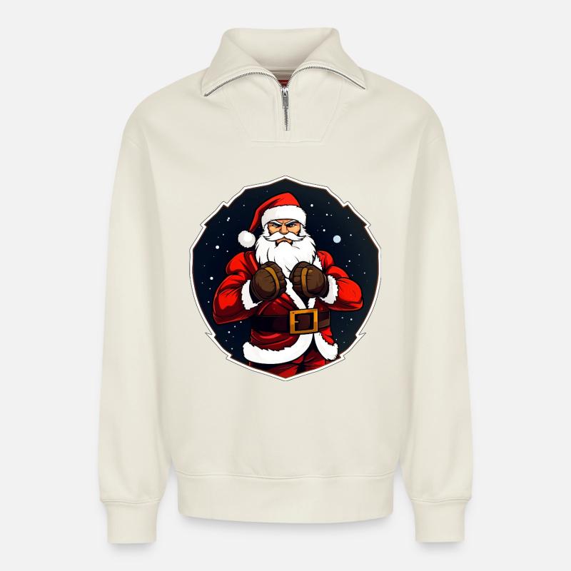 Combattant de Noël - Sweat unisexe décontracté en coton biologique à demi-zip – de SPREAD - blanc cassé