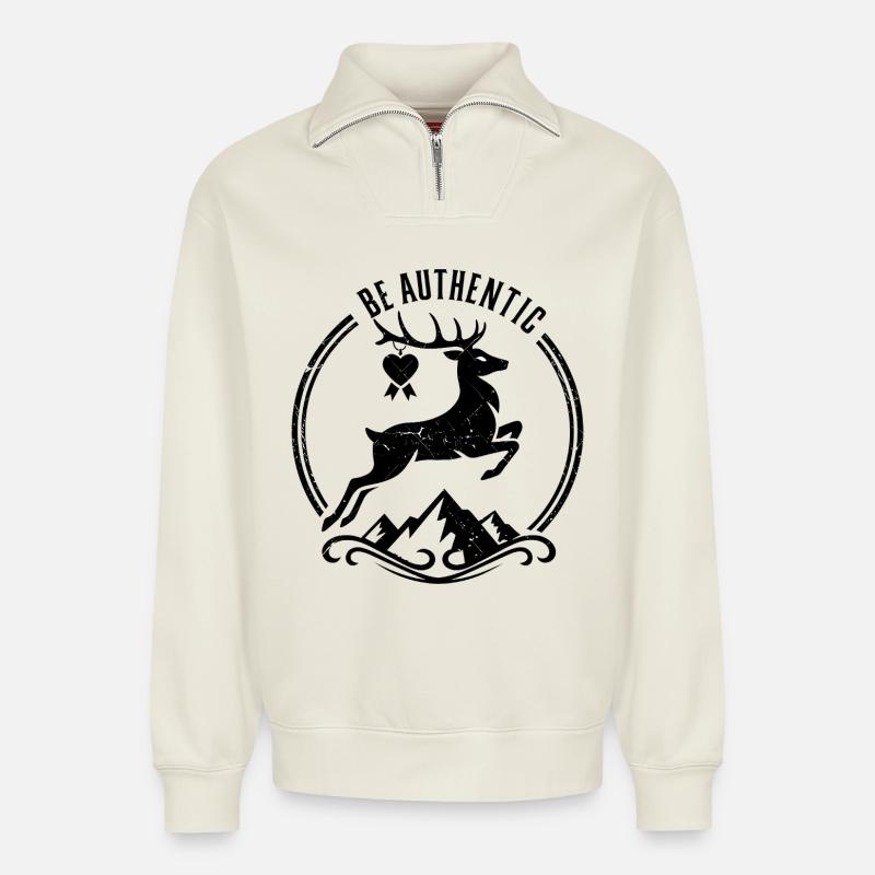 Springender Hirsch - Relaxed Unisex Organic Half Zip Sweatshirt – von SPREAD - Naturweiß