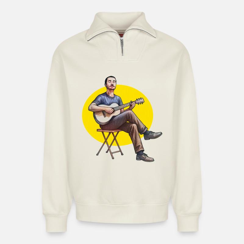 AKUSTISCHER GITARRIST – Klang & Bild - Relaxed Unisex Organic Half Zip Sweatshirt – von SPREAD - Naturweiß