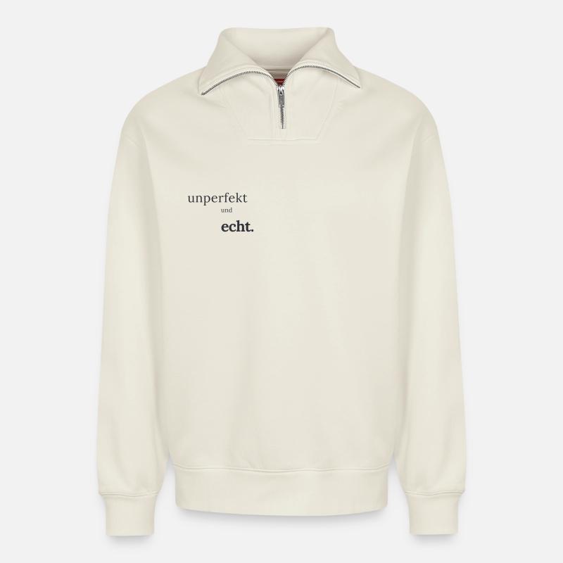 unperfekt und echt - Relaxed Unisex Organic Half Zip Sweatshirt – von SPREAD - Naturweiß