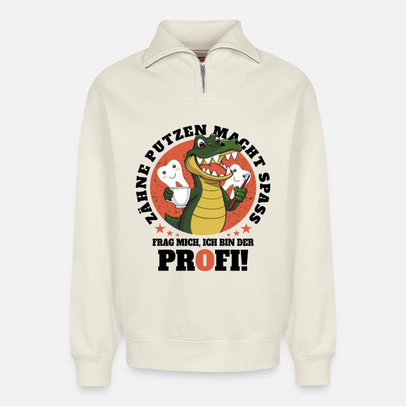 Krokodil Zahn Hygiene - Relaxed Unisex Organic Half Zip Sweatshirt – von SPREAD - Naturweiß