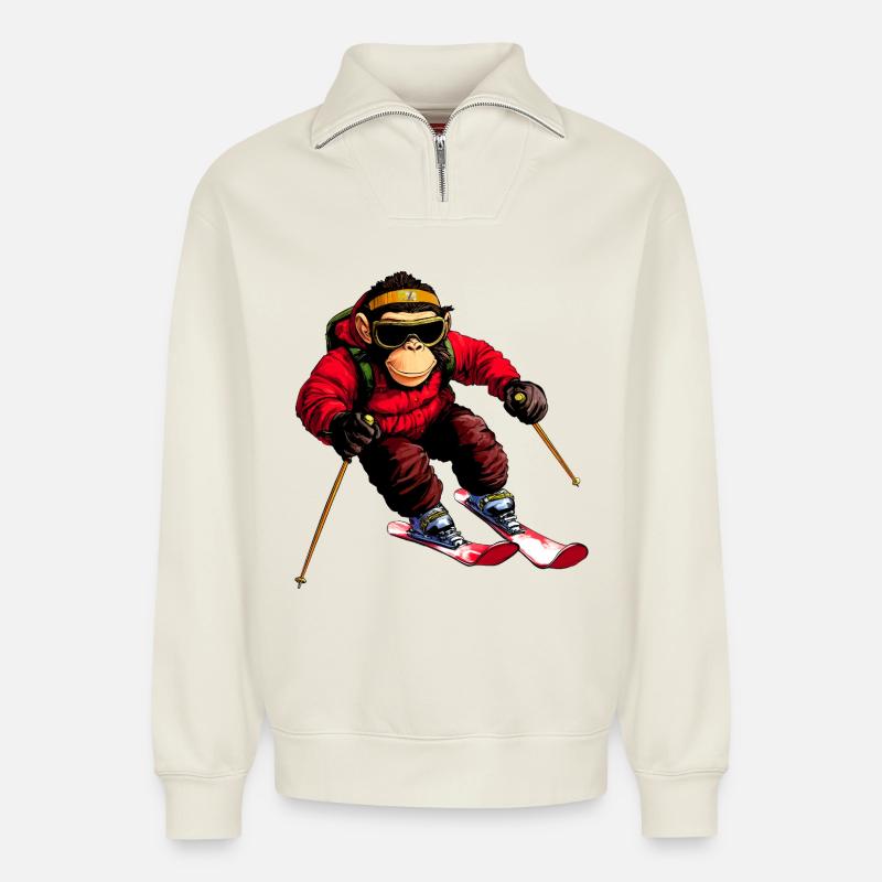 Ski Affe - Relaxed Unisex Organic Half Zip Sweatshirt – von SPREAD - Naturweiß
