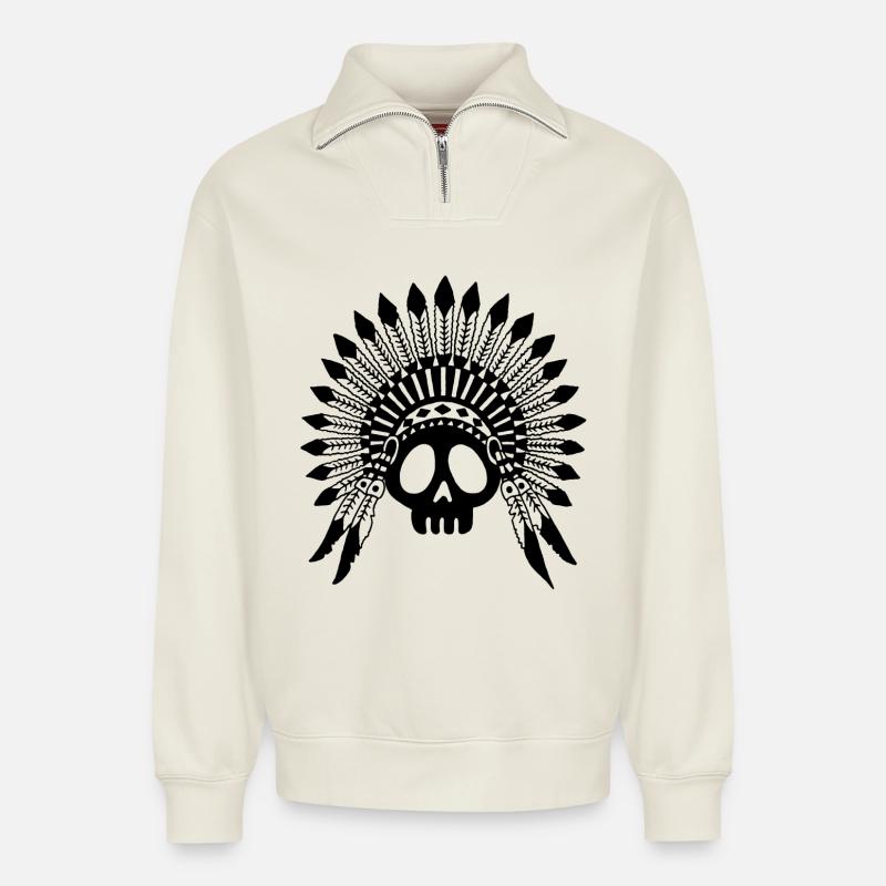 Schwarzer Indianerhäuptling Schädel - Relaxed Unisex Organic Half Zip Sweatshirt – von SPREAD - Naturweiß