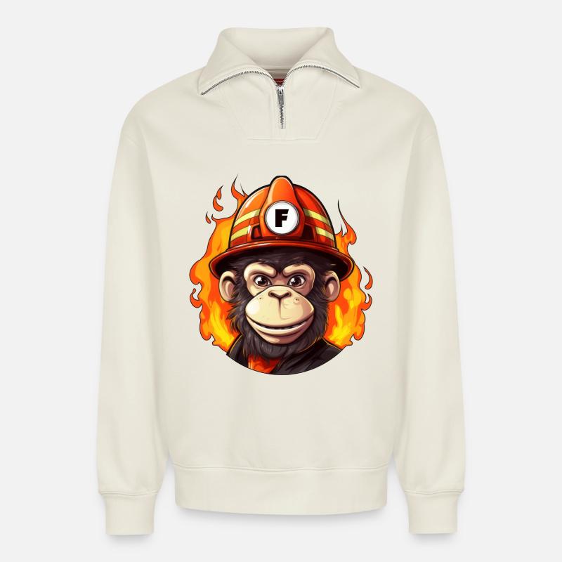 Fire Brigade Monkey - Relaxed Unisex Organic Half Zip Sweatshirt – by SPREAD - off white