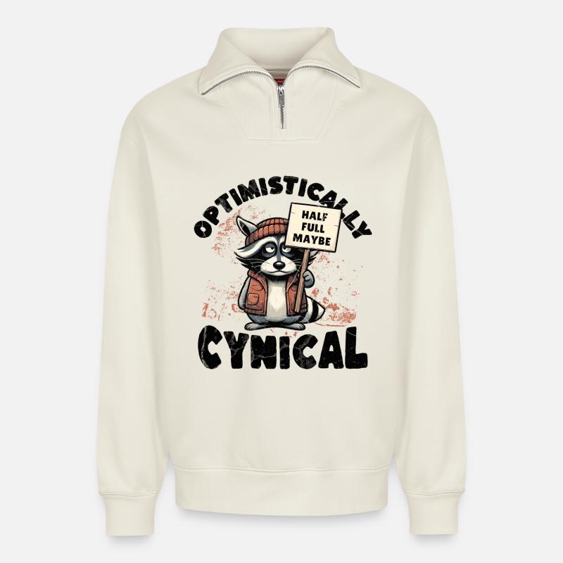 Optimistisch Zynisch Waschbär - Relaxed Unisex Organic Half Zip Sweatshirt – von SPREAD - Naturweiß