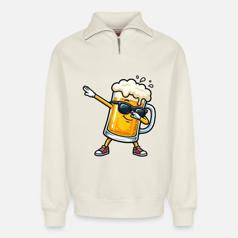 Dabbing Beer Mug - Relaxed Unisex Organic Half Zip Sweatshirt – by SPREAD - off white