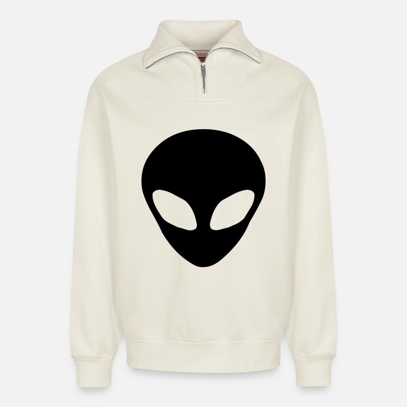 Alien head - Sweat unisexe décontracté en coton biologique à demi-zip – de SPREAD - blanc cassé