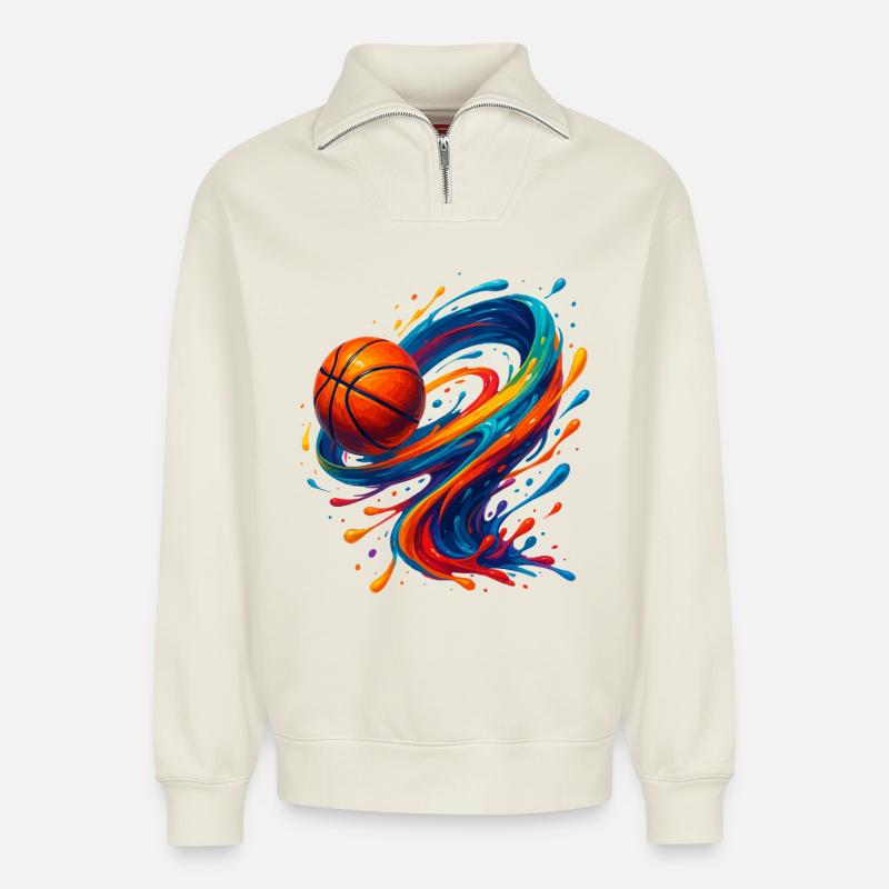 Lebendiger Orbit Basketball Splash - Relaxed Unisex Organic Half Zip Sweatshirt – von SPREAD - Naturweiß
