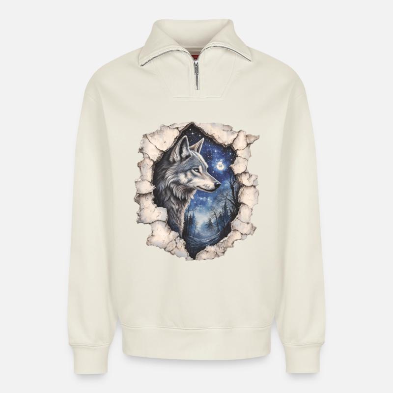 Wolf mit Sternenhimmel - Relaxed Unisex Organic Half Zip Sweatshirt – von SPREAD - Naturweiß