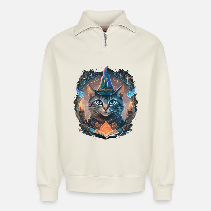 Magic Cat - Relaxed Unisex Organic Half Zip Sweatshirt – by SPREAD - off white