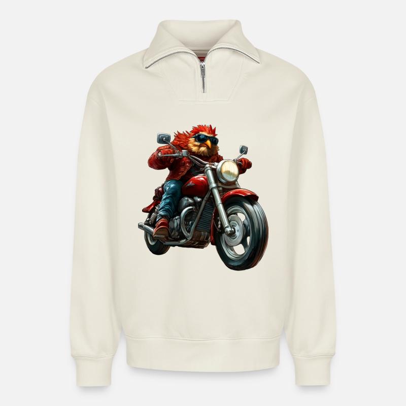 Hühner Motorrad - Relaxed Unisex Organic Half Zip Sweatshirt – von SPREAD - Naturweiß