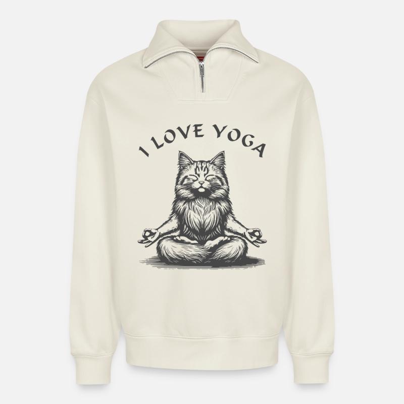 ChatsYoga Lotus Pose - Sweat unisexe décontracté en coton biologique à demi-zip – de SPREAD - blanc cassé