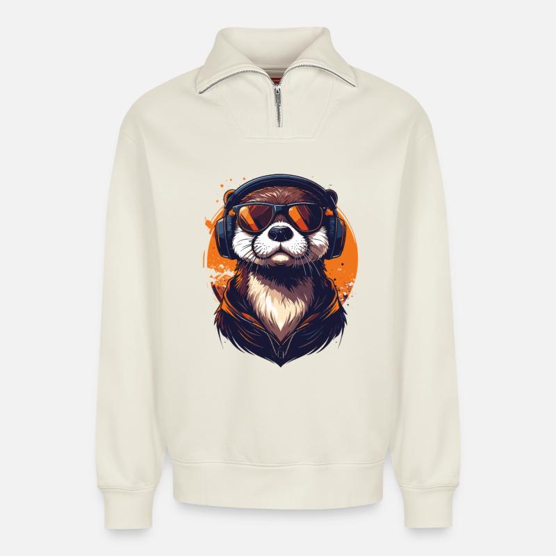 Locker drauf: Otter mit Kopfhörern - Relaxed Unisex Organic Half Zip Sweatshirt – von SPREAD - Naturweiß