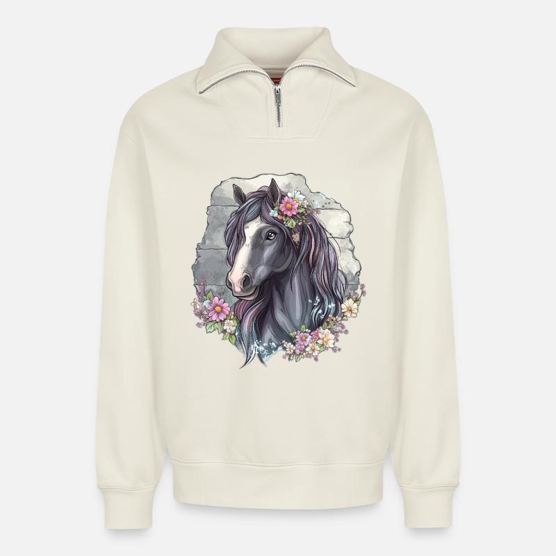Pferd mit Blüten - Relaxed Unisex Organic Half Zip Sweatshirt – von SPREAD - Naturweiß
