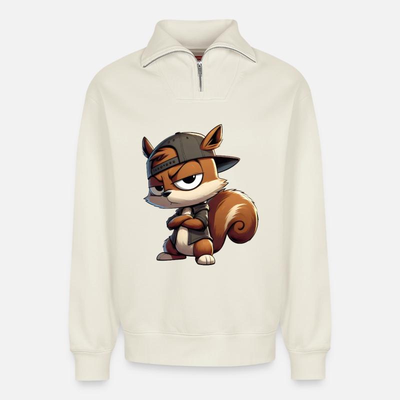 Eichhörnchen Hiphop Kappe - Relaxed Unisex Organic Half Zip Sweatshirt – von SPREAD - Naturweiß