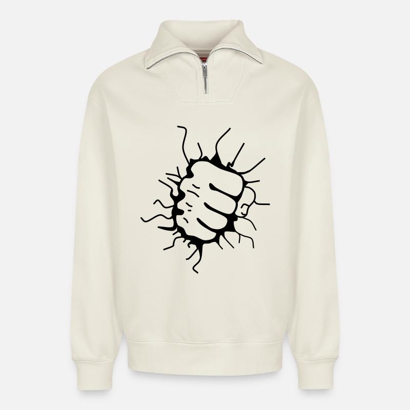 Faustschlag Faust Fäustling Punch - Relaxed Unisex Organic Half Zip Sweatshirt – von SPREAD - Naturweiß