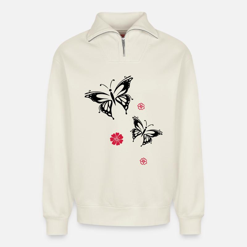 papillons fleurs fleurs insectes été - Sweat unisexe décontracté en coton biologique à demi-zip – de SPREAD - blanc cassé
