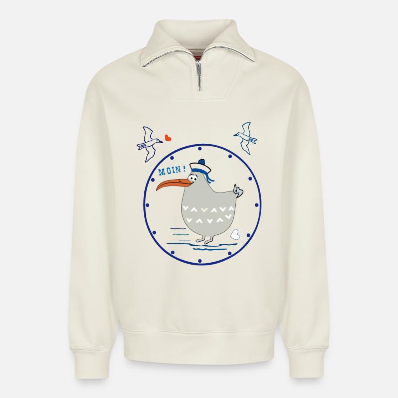 Moin, maritim, Möwe - Relaxed Unisex Organic Half Zip Sweatshirt – von SPREAD - Naturweiß