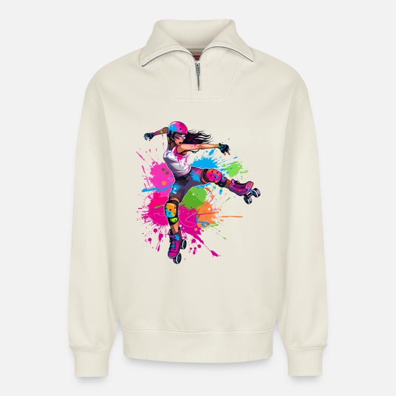 Roller Skater Mädchen - Relaxed Unisex Organic Half Zip Sweatshirt – von SPREAD - Naturweiß