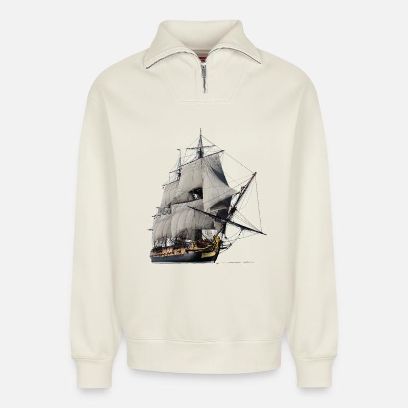 Segelschiff - Relaxed Unisex Organic Half Zip Sweatshirt – von SPREAD - Naturweiß