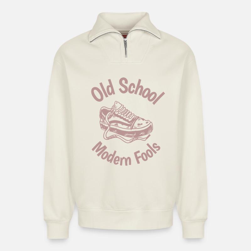 Old School Sneaker Logo Fools - Relaxed Unisex Organic Half Zip Sweatshirt – von SPREAD - Naturweiß