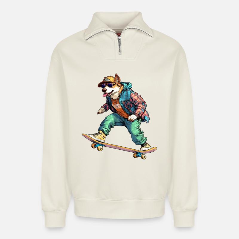 Hunde - Skateboard Shepherd - Relaxed Unisex Organic Half Zip Sweatshirt – von SPREAD - Naturweiß