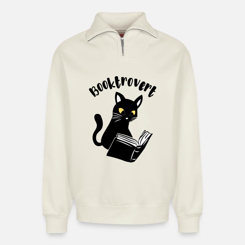 Booktrovert Katze mit Buch - Relaxed Unisex Organic Half Zip Sweatshirt – von SPREAD - Naturweiß