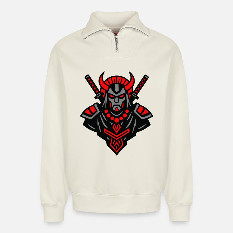 Samurai Devil Warrior - Relaxed Unisex Organic Half Zip Sweatshirt – by SPREAD - off white