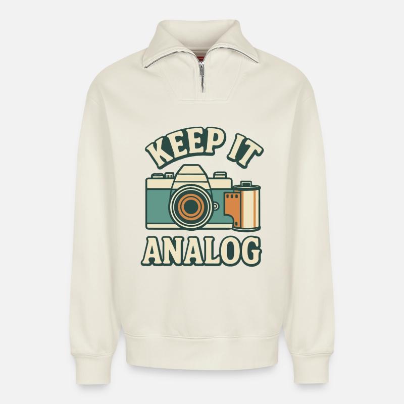 Bleib analog - Relaxed Unisex Organic Half Zip Sweatshirt – von SPREAD - Naturweiß