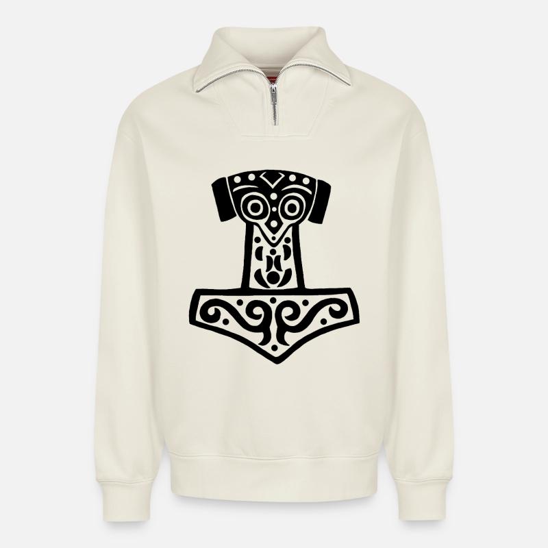 Thors Hammer (Schwarz) - Relaxed Unisex Organic Half Zip Sweatshirt – von SPREAD - Naturweiß