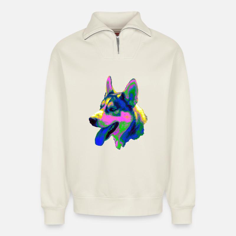 Psychedelischer Husky Kopf Neonfarben - Relaxed Unisex Organic Half Zip Sweatshirt – von SPREAD - Naturweiß