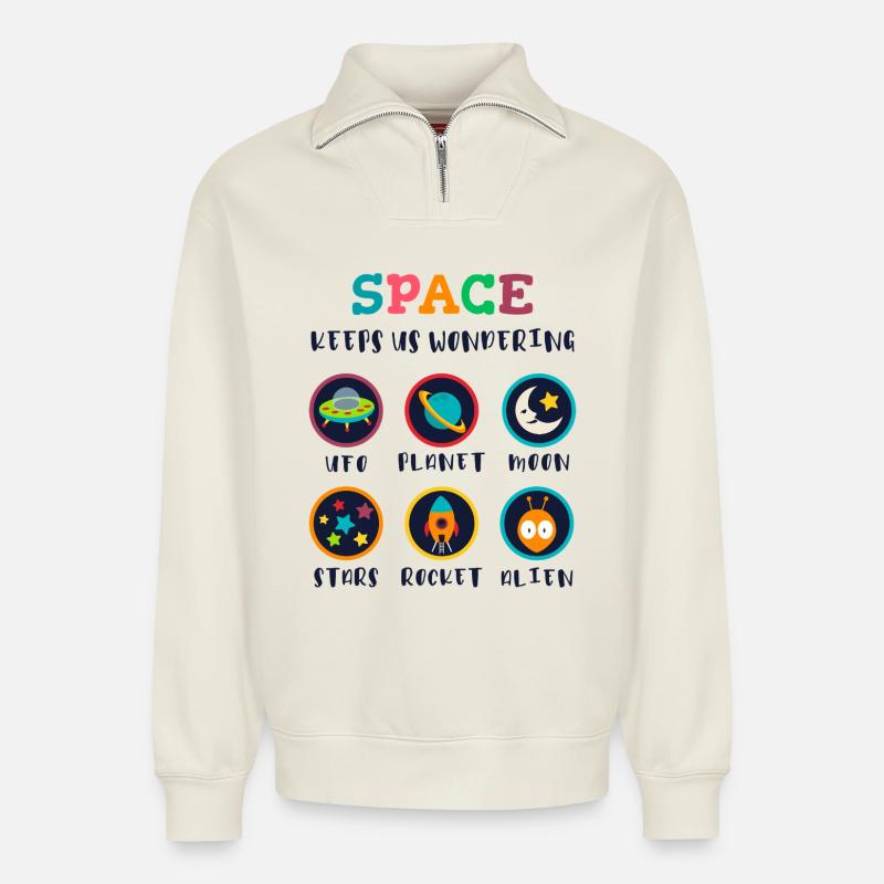 L’espace suscite la curiosité - Sweat unisexe décontracté en coton biologique à demi-zip – de SPREAD - blanc cassé