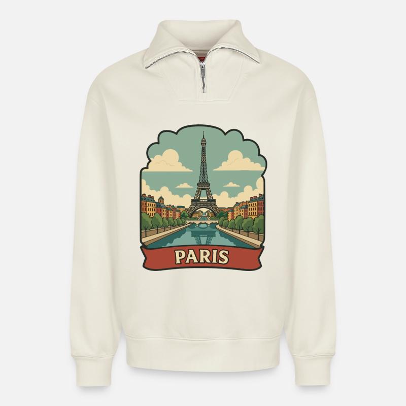 Pariser Eiffelturm Retro-Reiseaufkleber - Relaxed Unisex Organic Half Zip Sweatshirt – von SPREAD - Naturweiß