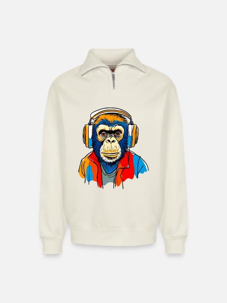 Singe avec casque - Sweat unisexe décontracté en coton biologique à demi-zip – de SPREAD - blanc cassé