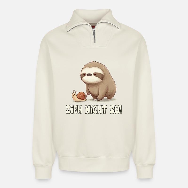 Pull Not So Sloth Cartoon - Relaxed Unisex Organic Half Zip Sweatshirt – by SPREAD - off white