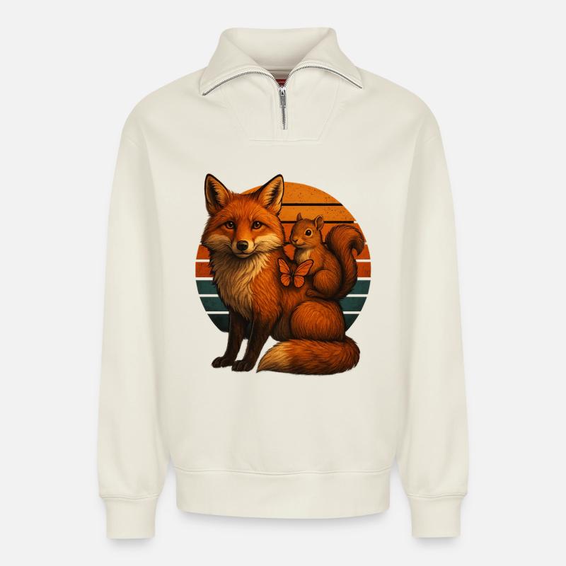 Fuchs Eichhörnchen Retro Tierfreunde - Relaxed Unisex Organic Half Zip Sweatshirt – von SPREAD - Naturweiß