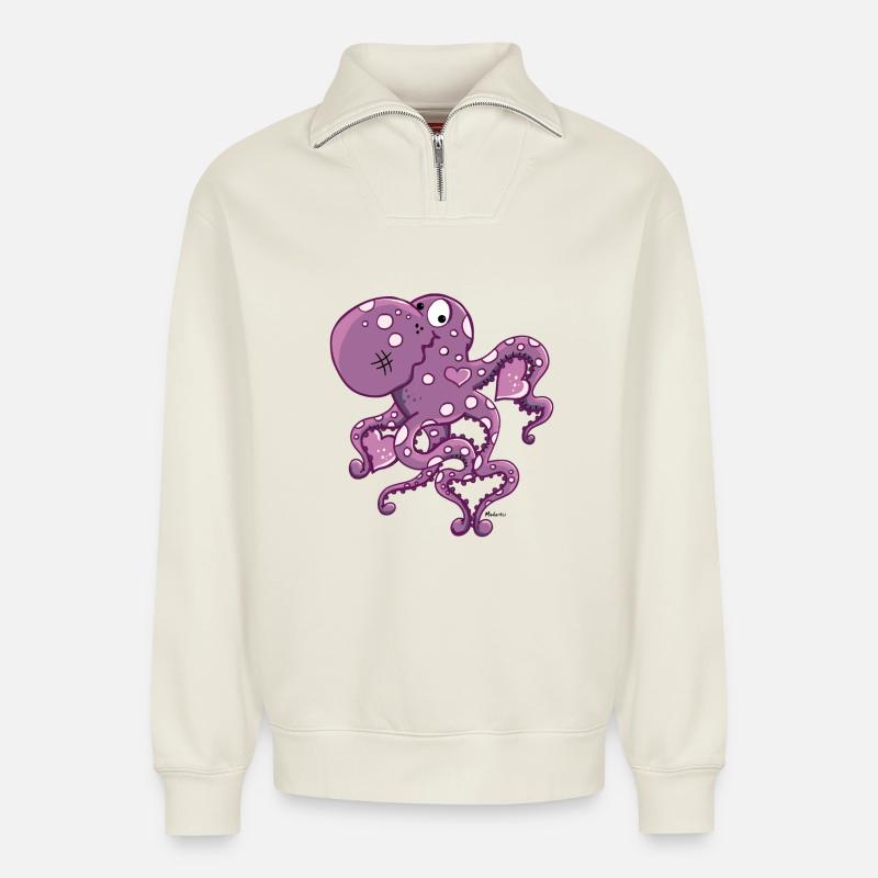 Amorous Octopus - Relaxed Unisex Organic Half Zip Sweatshirt – by SPREAD - off white