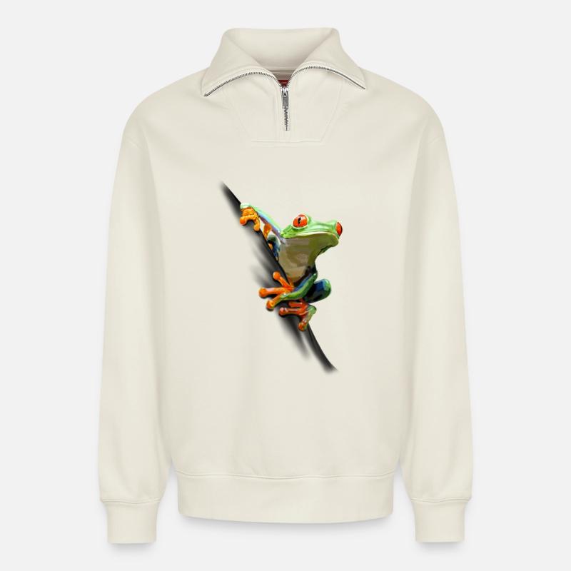 Frosch - Relaxed Unisex Organic Half Zip Sweatshirt – von SPREAD - Naturweiß