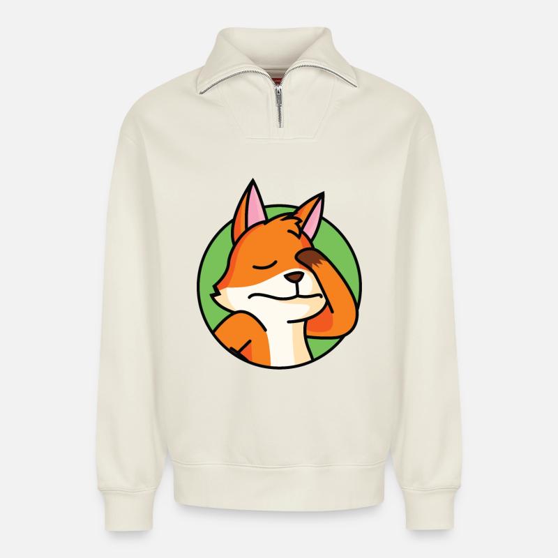 Facepalm Fox - Sweat unisexe décontracté en coton biologique à demi-zip – de SPREAD - blanc cassé