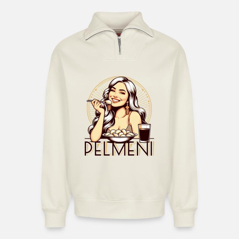 Pelmeni lecker Geschenk - Relaxed Unisex Organic Half Zip Sweatshirt – von SPREAD - Naturweiß