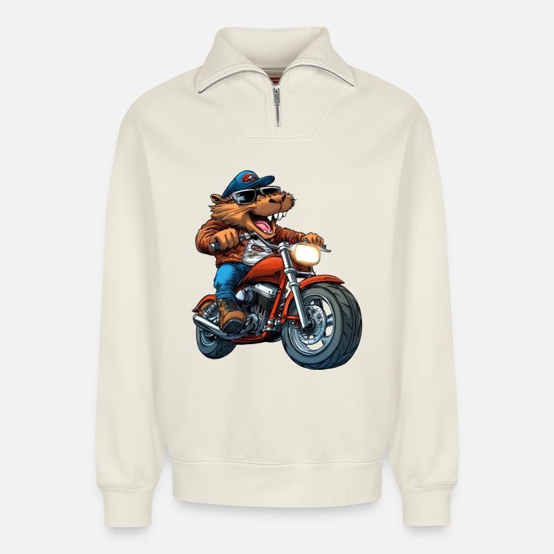 Motorrad Biber - Relaxed Unisex Organic Half Zip Sweatshirt – von SPREAD - Naturweiß