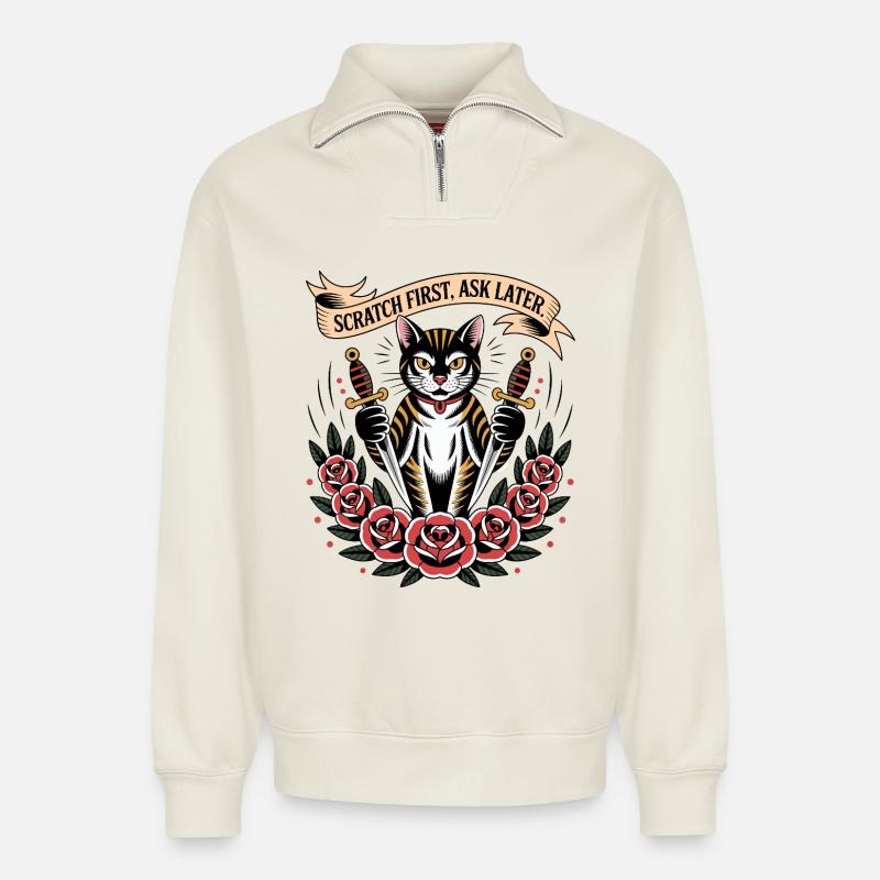 Scratch First Cat - Relaxed Unisex Organic Half Zip Sweatshirt – by SPREAD - off white