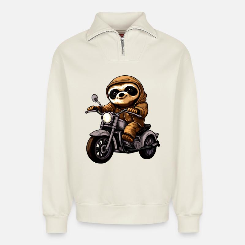 Motorcycle Sloth - Relaxed Unisex Organic Half Zip Sweatshirt – by SPREAD - off white