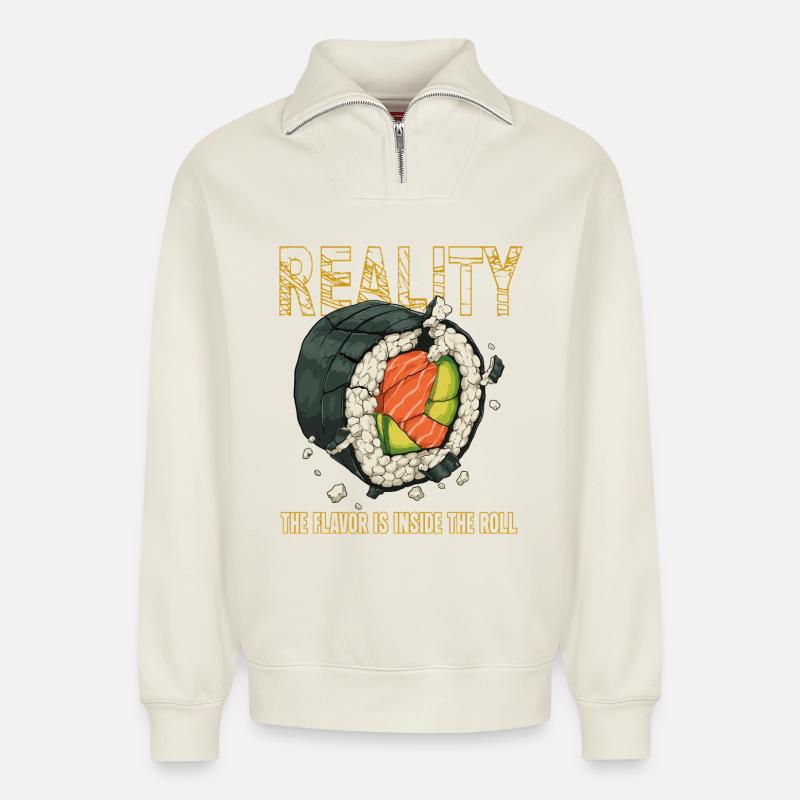 Sushi Roll Reality Innerer Geschmack - Relaxed Unisex Organic Half Zip Sweatshirt – von SPREAD - Naturweiß