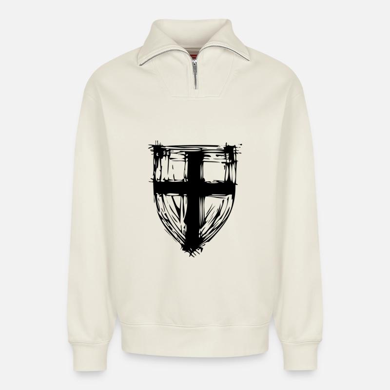 Protective shield with cross - Relaxed Unisex Organic Half Zip Sweatshirt – by SPREAD - off white