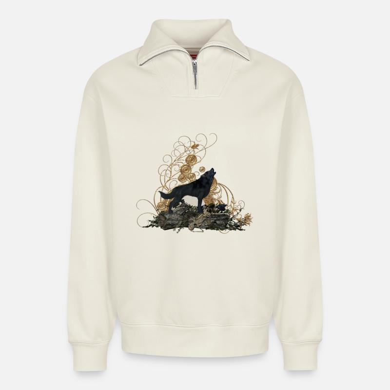 Awesome Wolf - Relaxed Unisex Organic Half Zip Sweatshirt – by SPREAD - off white