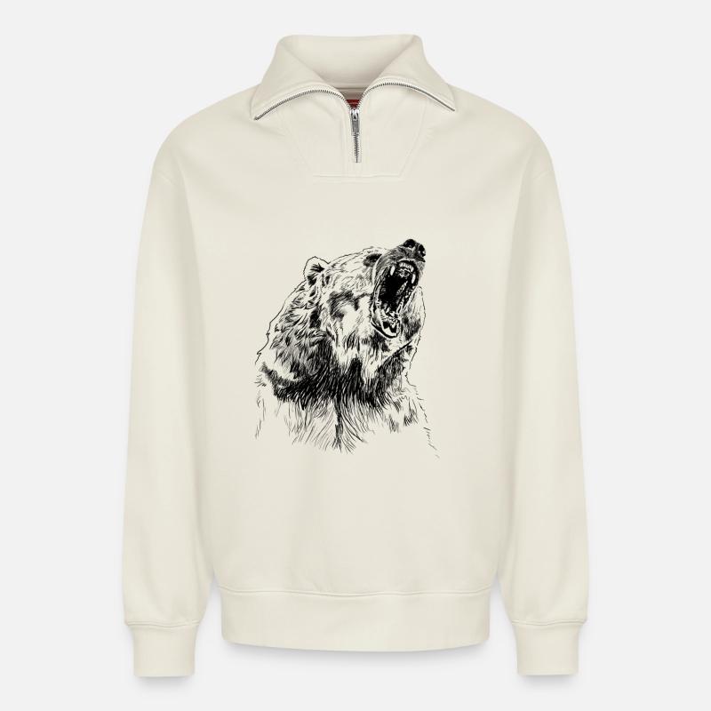 bear - Sweat unisexe décontracté en coton biologique à demi-zip – de SPREAD - blanc cassé