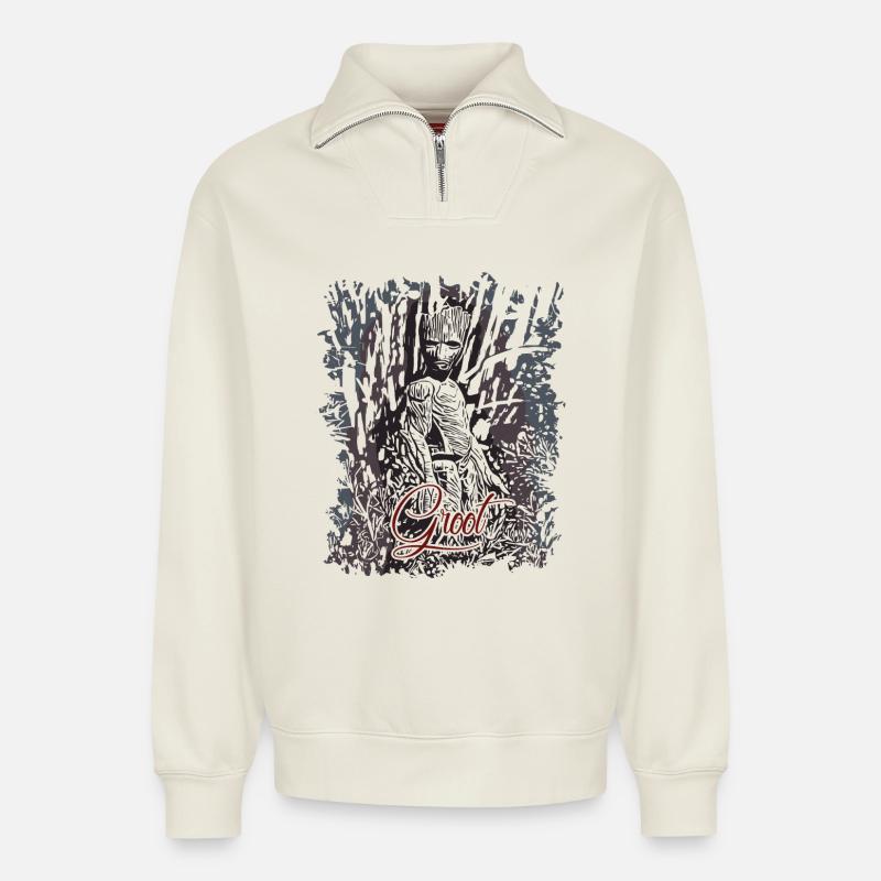 Wurzelmännlein Groot - Relaxed Unisex Organic Half Zip Sweatshirt – von SPREAD - Naturweiß