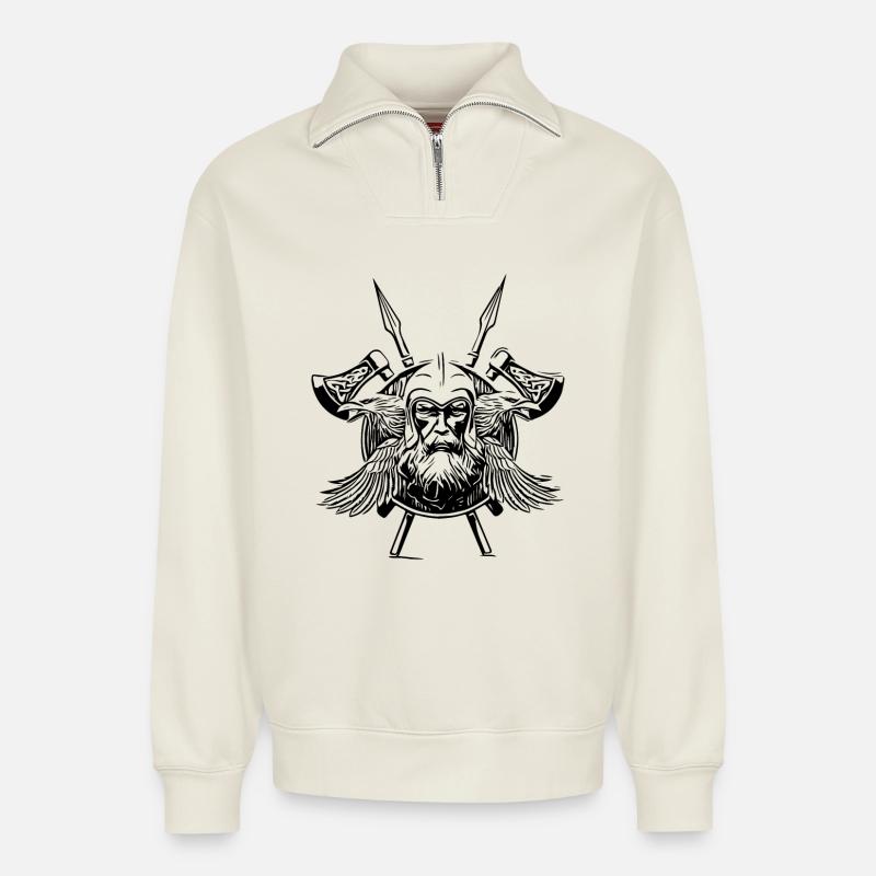 Odin Raben Wikinger Äxte - Relaxed Unisex Organic Half Zip Sweatshirt – von SPREAD - Naturweiß