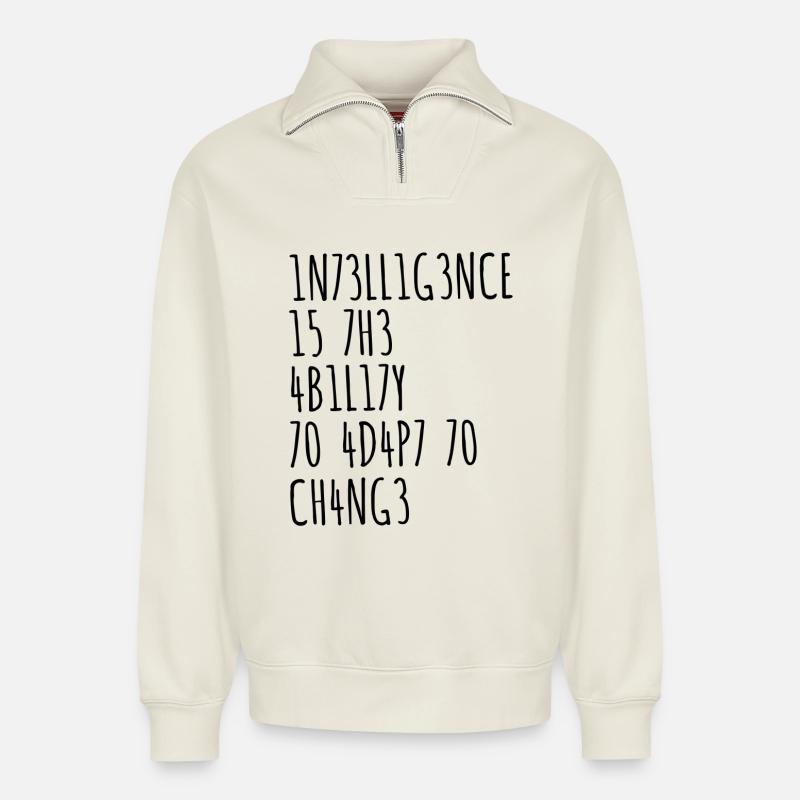 Intelligence funny saying - Relaxed Unisex Organic Half Zip Sweatshirt – by SPREAD - off white